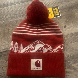 NEW Carhartt Red and White Mountain Knit Hat Unisex Pom Pom Toque
